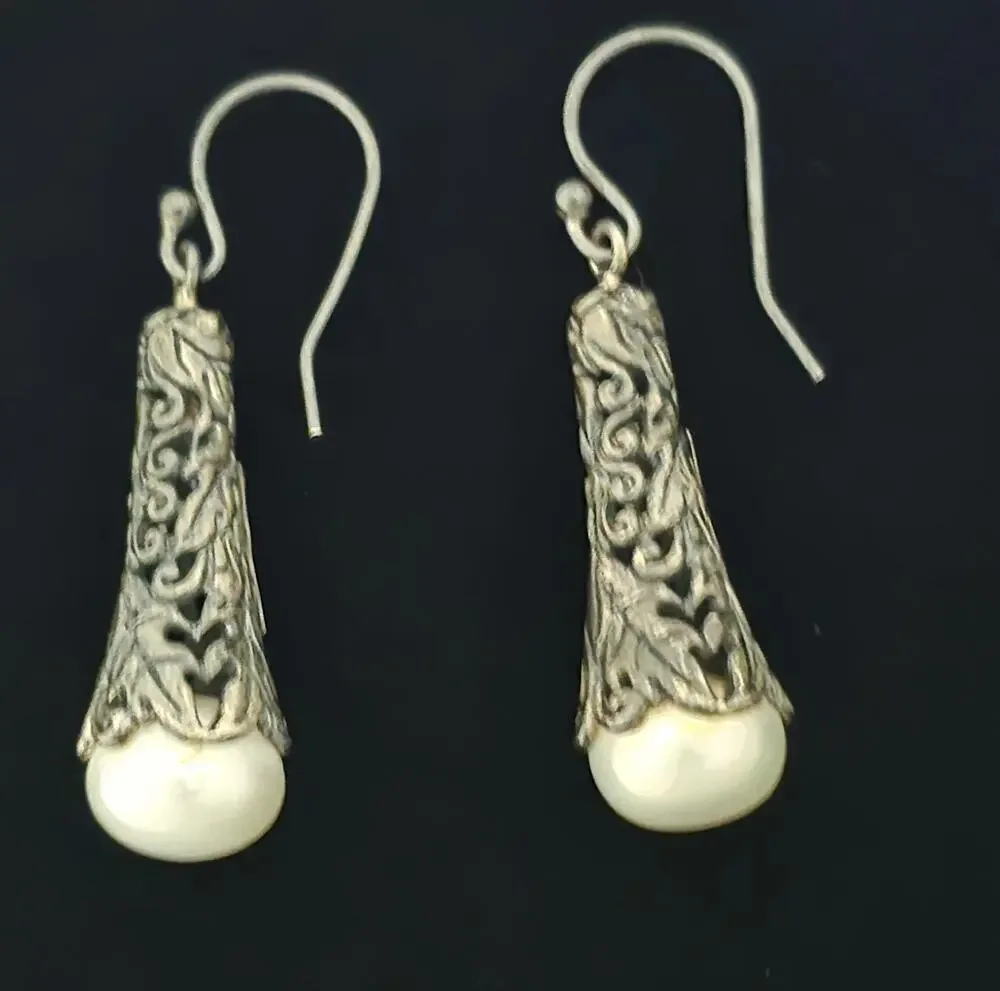 Vintage Sterling Silver Bali Balinese Pearl Dangle Drop Earrings 1.5